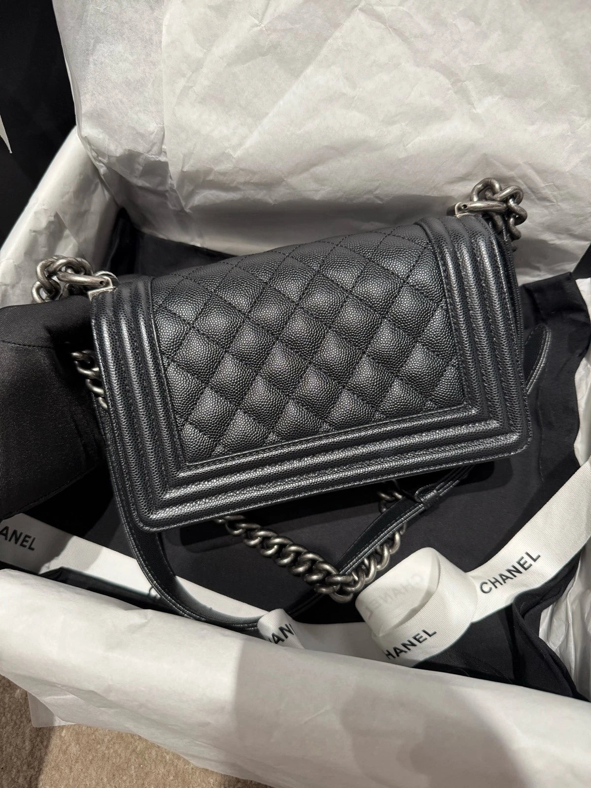 Chanel LeBoy Black Silver Leather Small Shoulder Bag For Women
