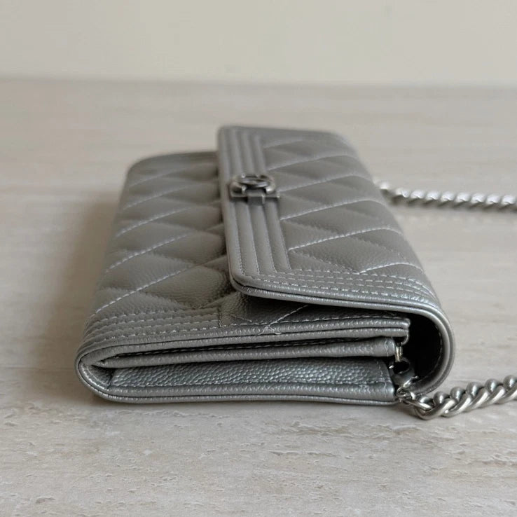 Chanel Leboy Diamond Caviar Leather Silver Wallet Chain Shoulder Bag Crossbody