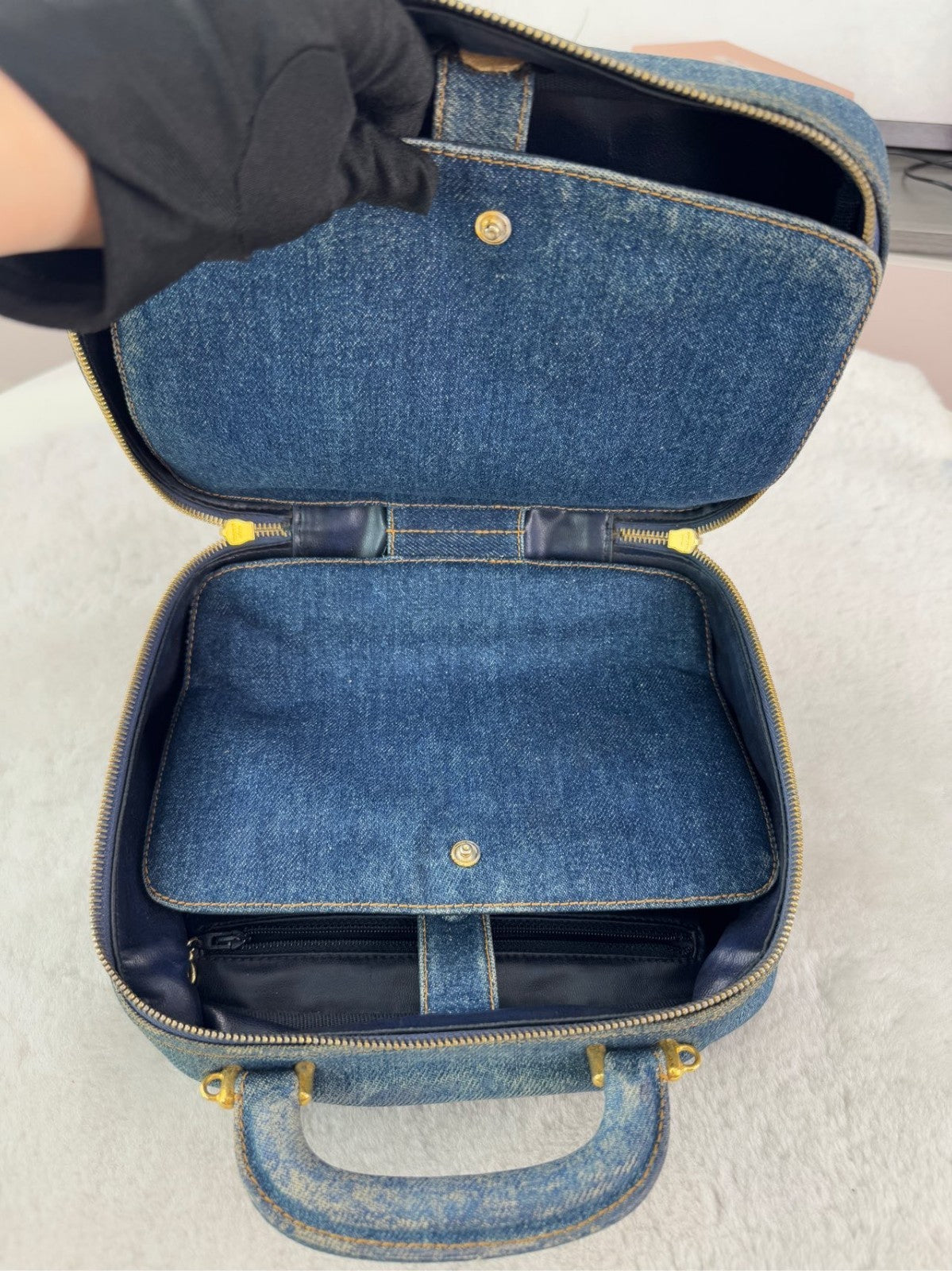 CHANEL Top Handle Make up case Denim Handbag Blue