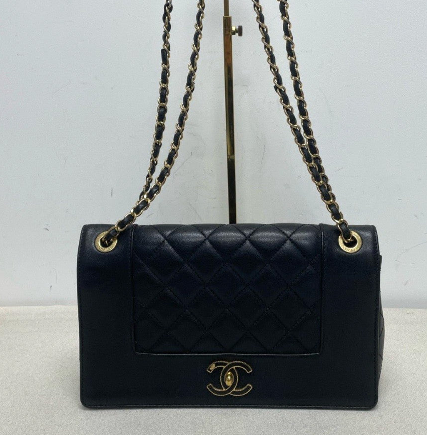 Chanel Classic Flap GM Chain Shoulder Bag Crossbody Black Gold Women Diamond