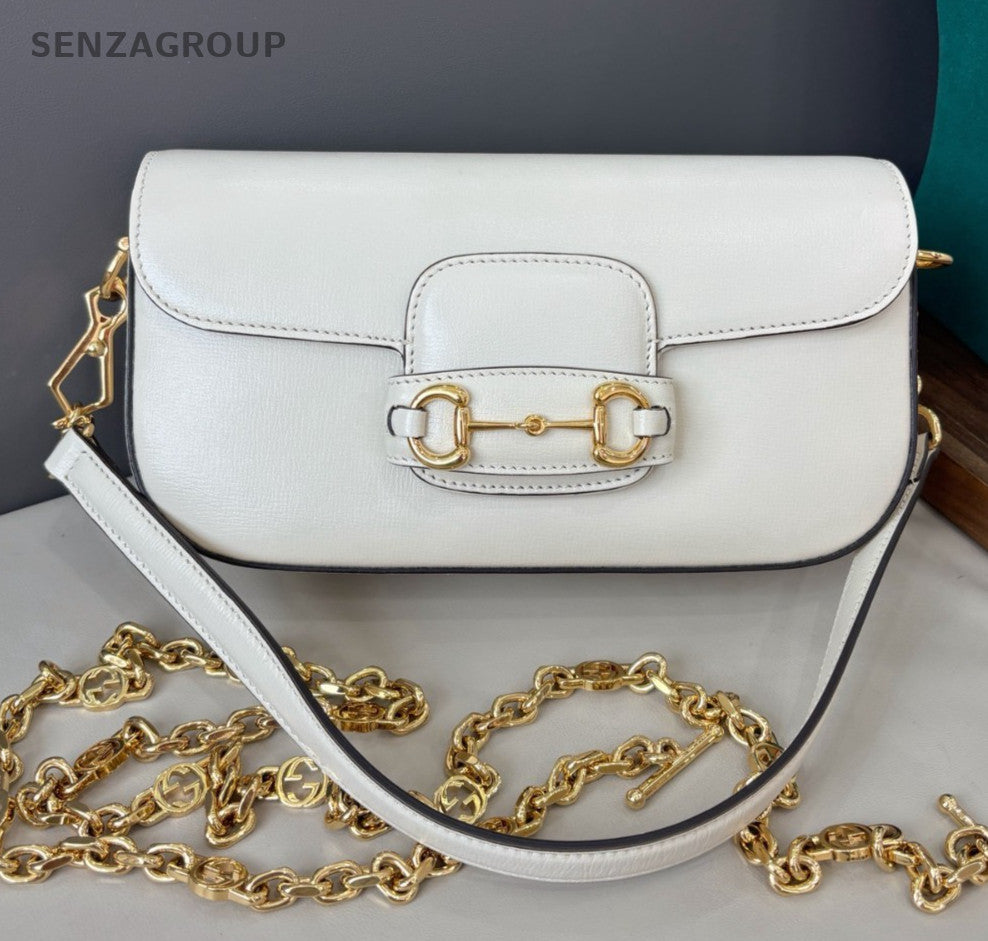 Gucci Horsebit1955 Saddle Chain Shoulder Bag Crossbody White Gold Women Classic