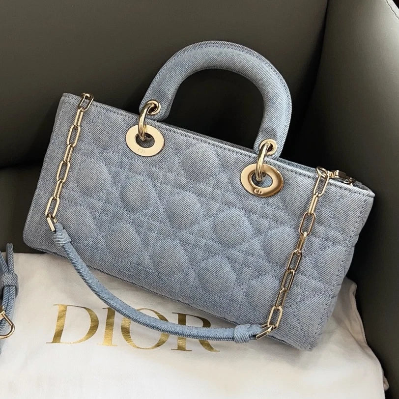 Excellent Christian Dior D-Joy PM Denim Blue Handbag Crossbody Gold Hardware