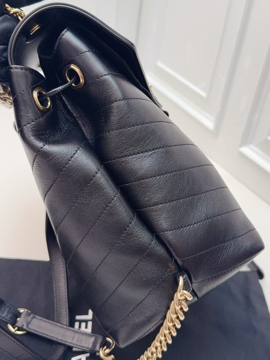 Chanel Calfskin Chain Backpack Black Gold Used Women Classic Vintage