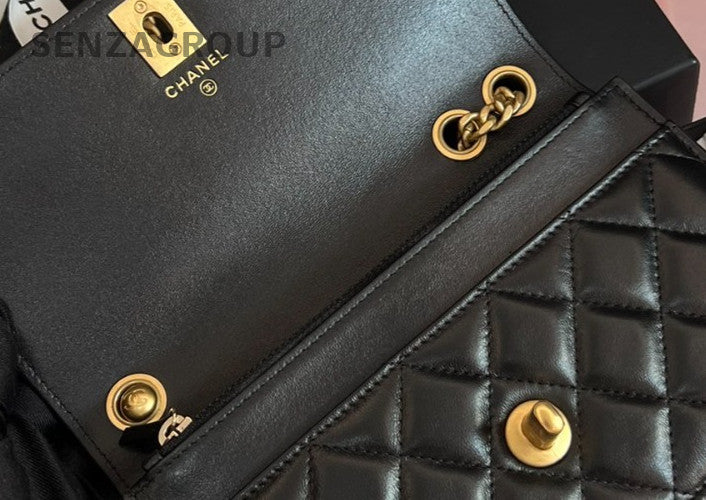 Chanel WOC Chain Shoulder Bag Crossbody Black Gold Used Women Classic