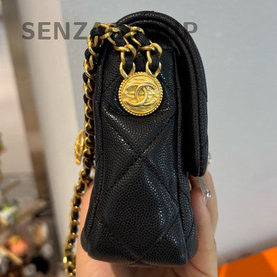 Chanel Coin Square Mini Flap Bag Black Gold Chain Shoulder Crossbody