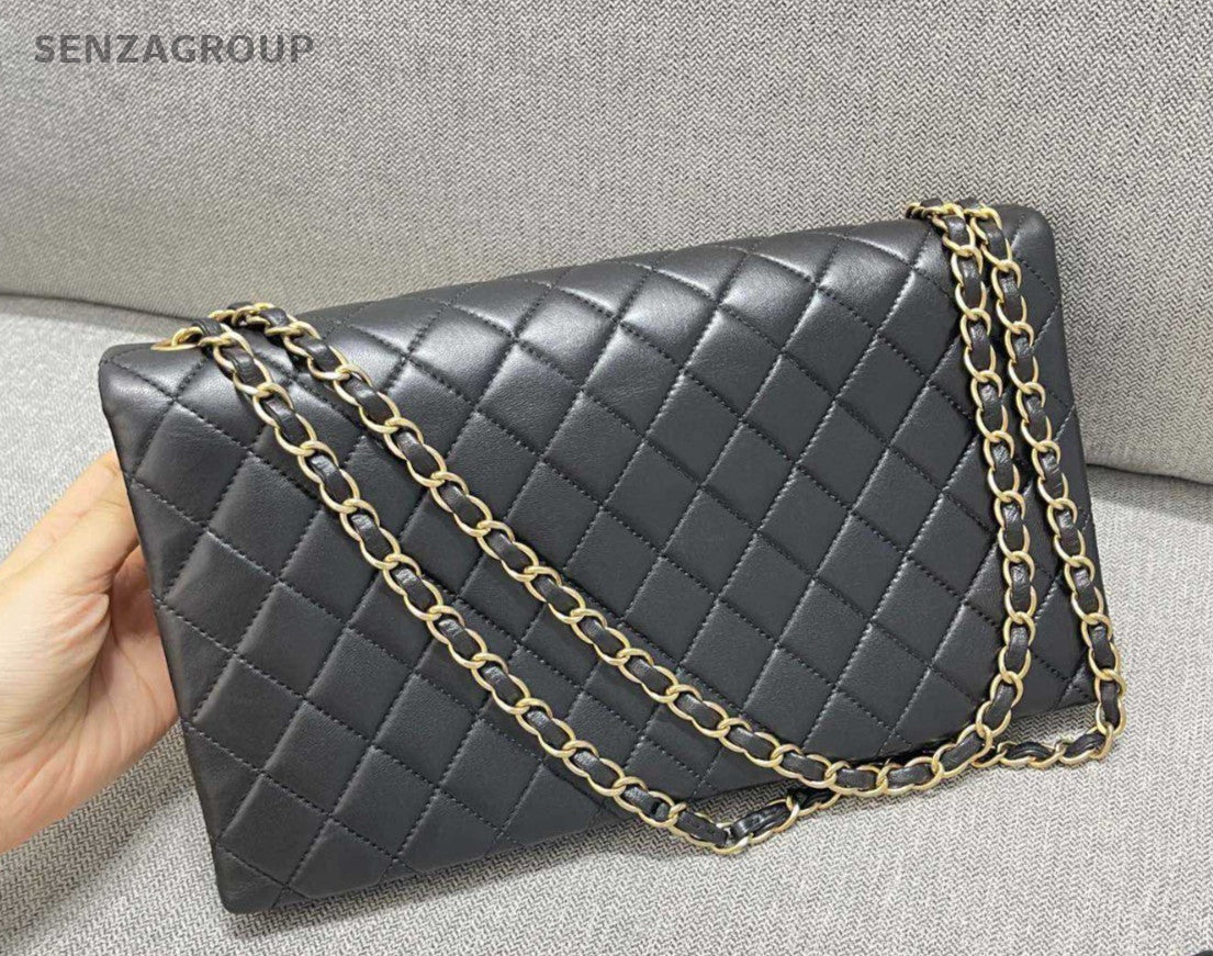 CHANEL Calfskin Diamond Pattern Chain Shoulder bag Black Gold Women