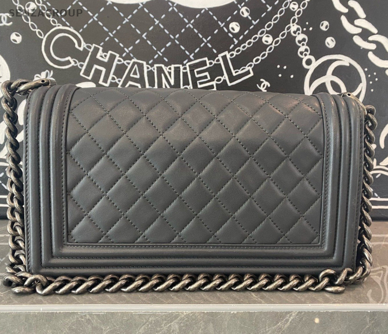 Chanel Leboy MM Calfskin Chain Shoulder Bag Crossbody Gray Silver Women Classic