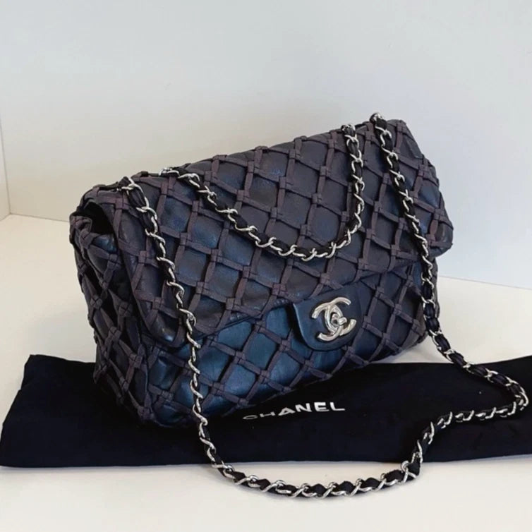 Chanel Classic Flap Jumbo Chain Shoulder Crossbody Black Silver Women