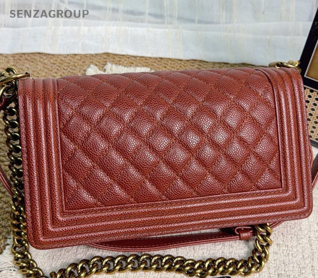Chanel Leboy MM Chain Shoulder Bag Crossbody Red Gold Women Classic Diamond