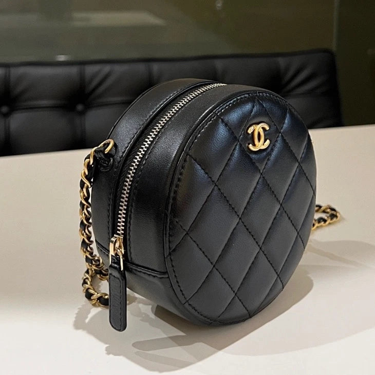 Authentic CHANEL Gold Ball Black Gold Mini Round Crossbody Bag