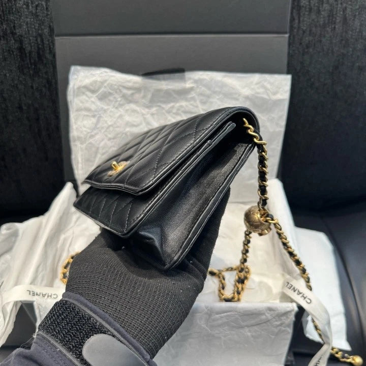 Chanel Woc Chain Lambskin Shoulder Crossbody Bag Black Gold Women D