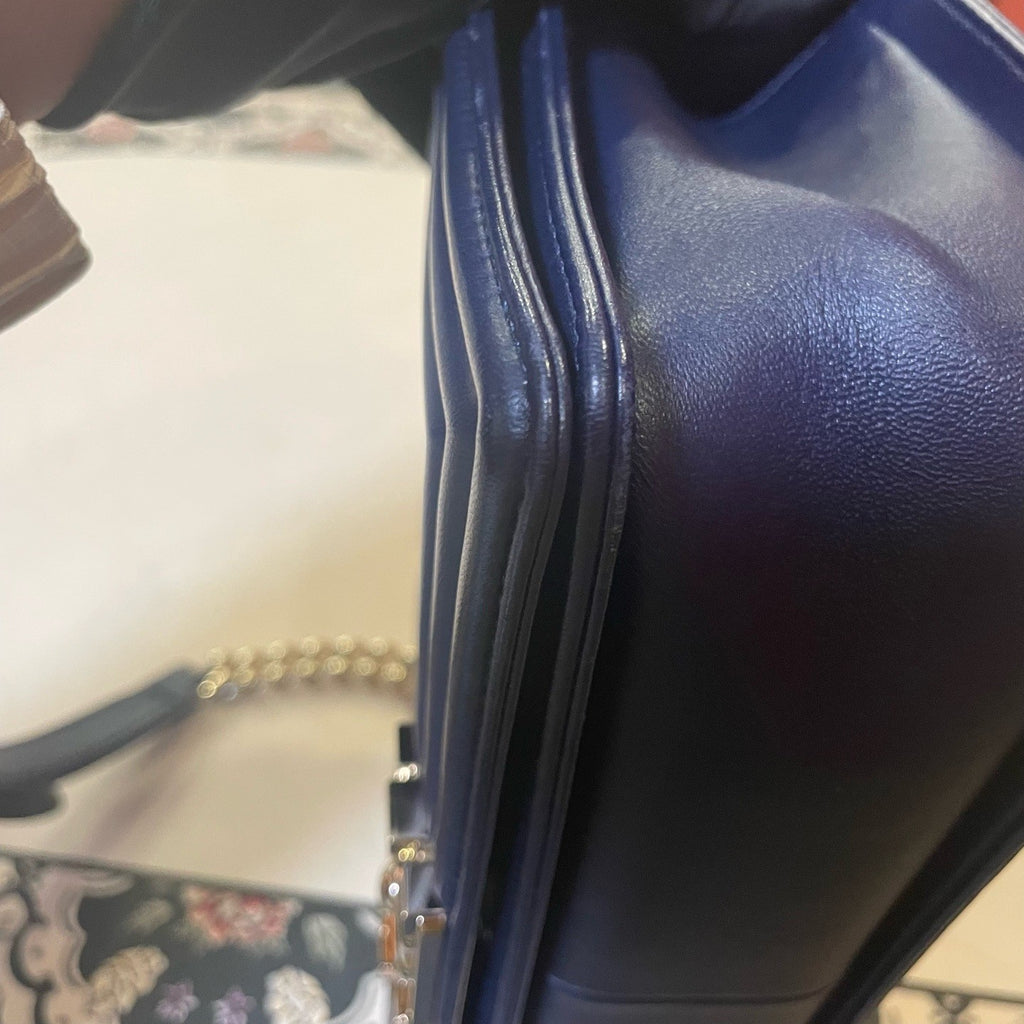 Chanel Leboy MM Lambskin Chain Shoulder Bag Crossbody Blue Gold Women Classic