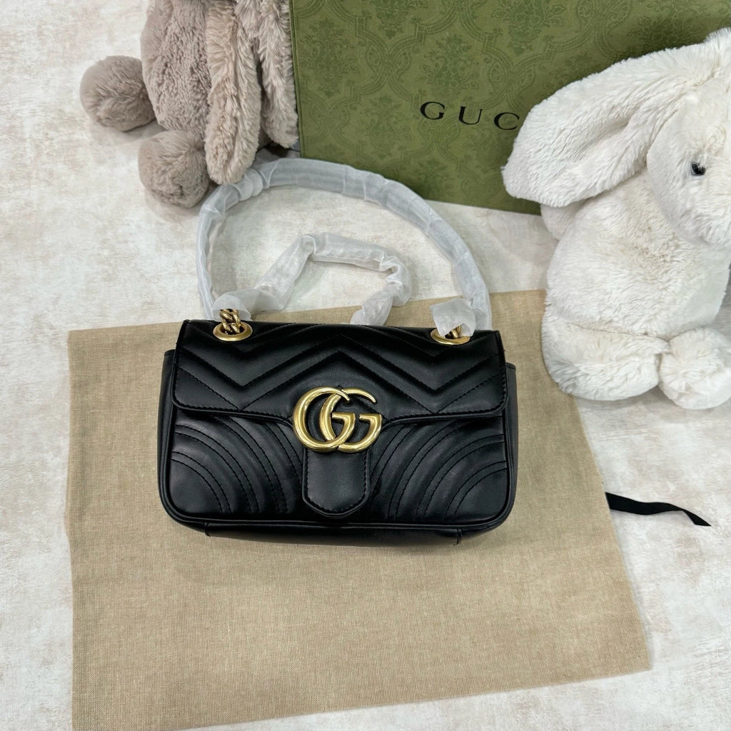 Gucci Calfskin Marmont 22 Black Gold Shoulder Bag For Women