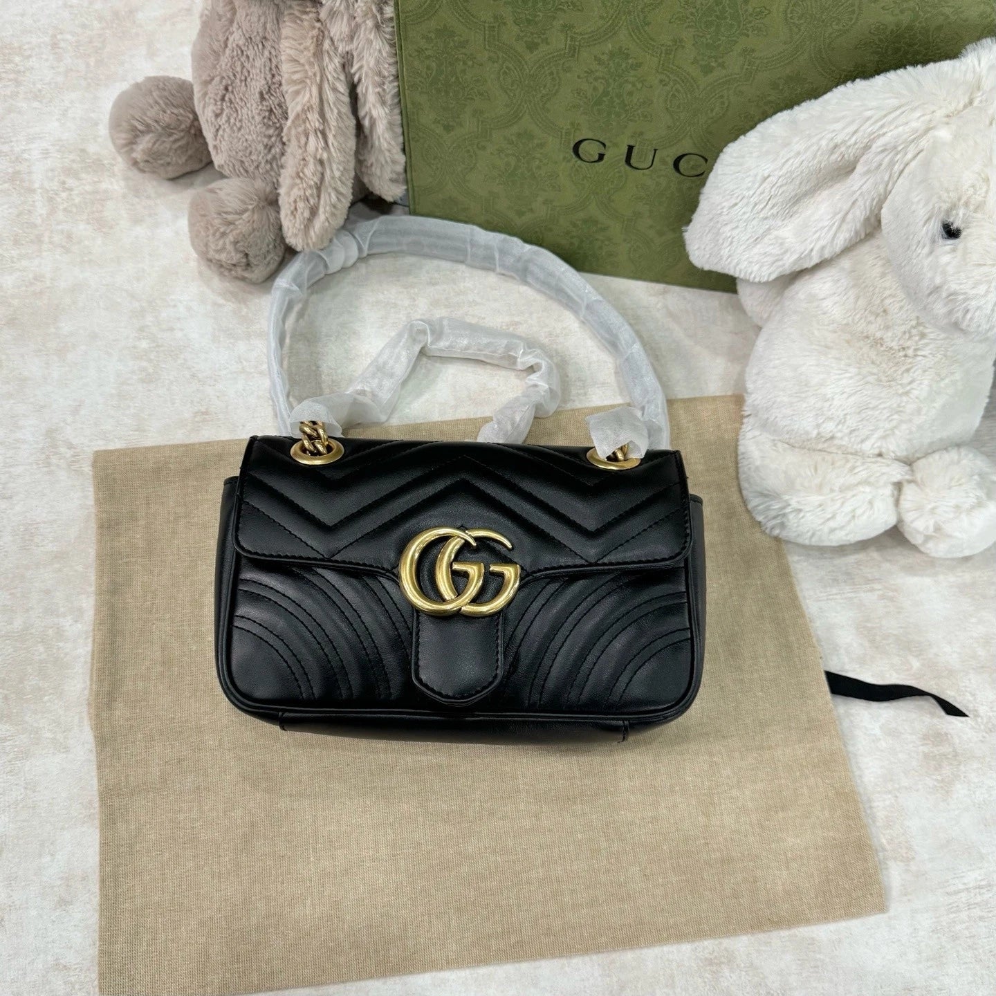 Gucci Calfskin Marmont 22 Black Gold Shoulder Bag For Women