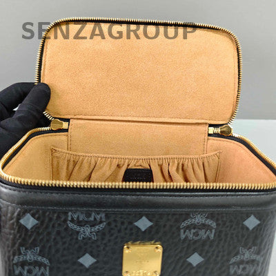 MCM Black Gold Zipper Cosmetic Case Handbag Women's Classic Fashion