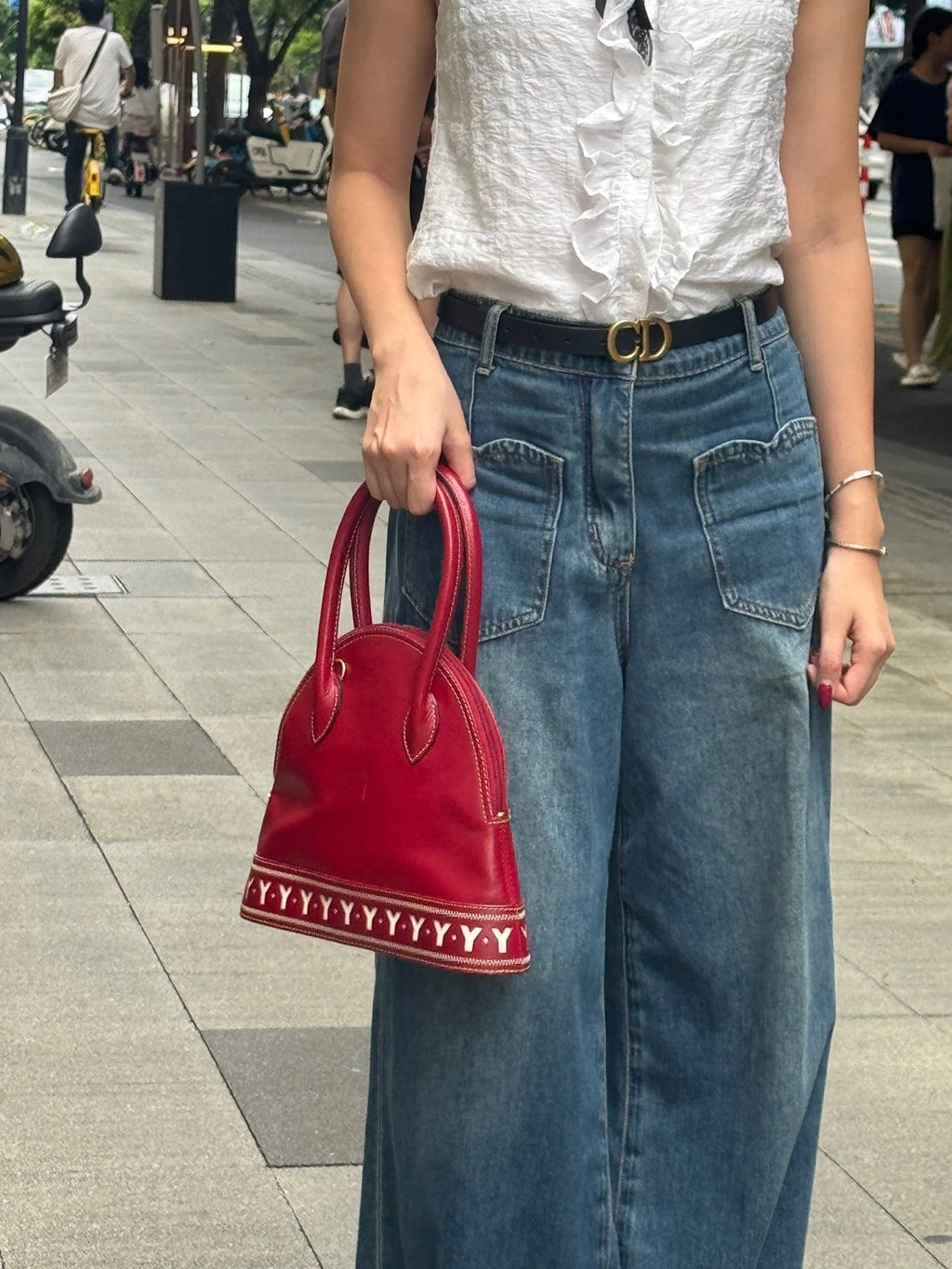 YSL Red White Y Line Shell Shoulder Handbag For Women