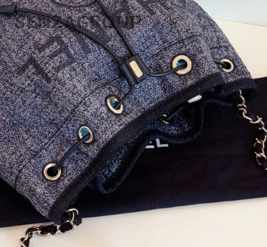 Chanel Beach Drawstring Bucket Chain Shoulder Bag Crossbody Gray Black Women