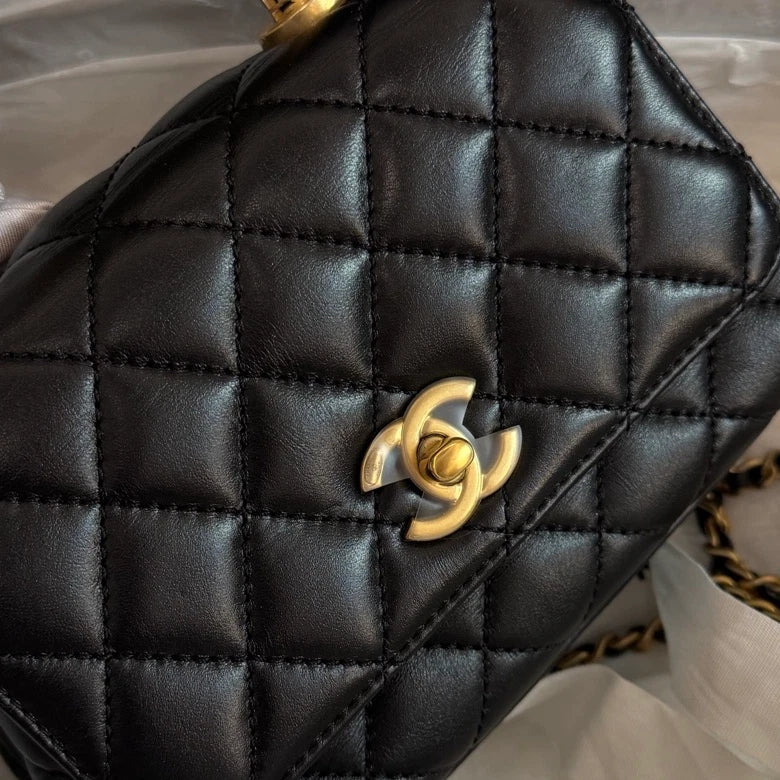 Chanel Cocohandle Mini Chain Lambskin Top Handle Crossbody Black Gold Women