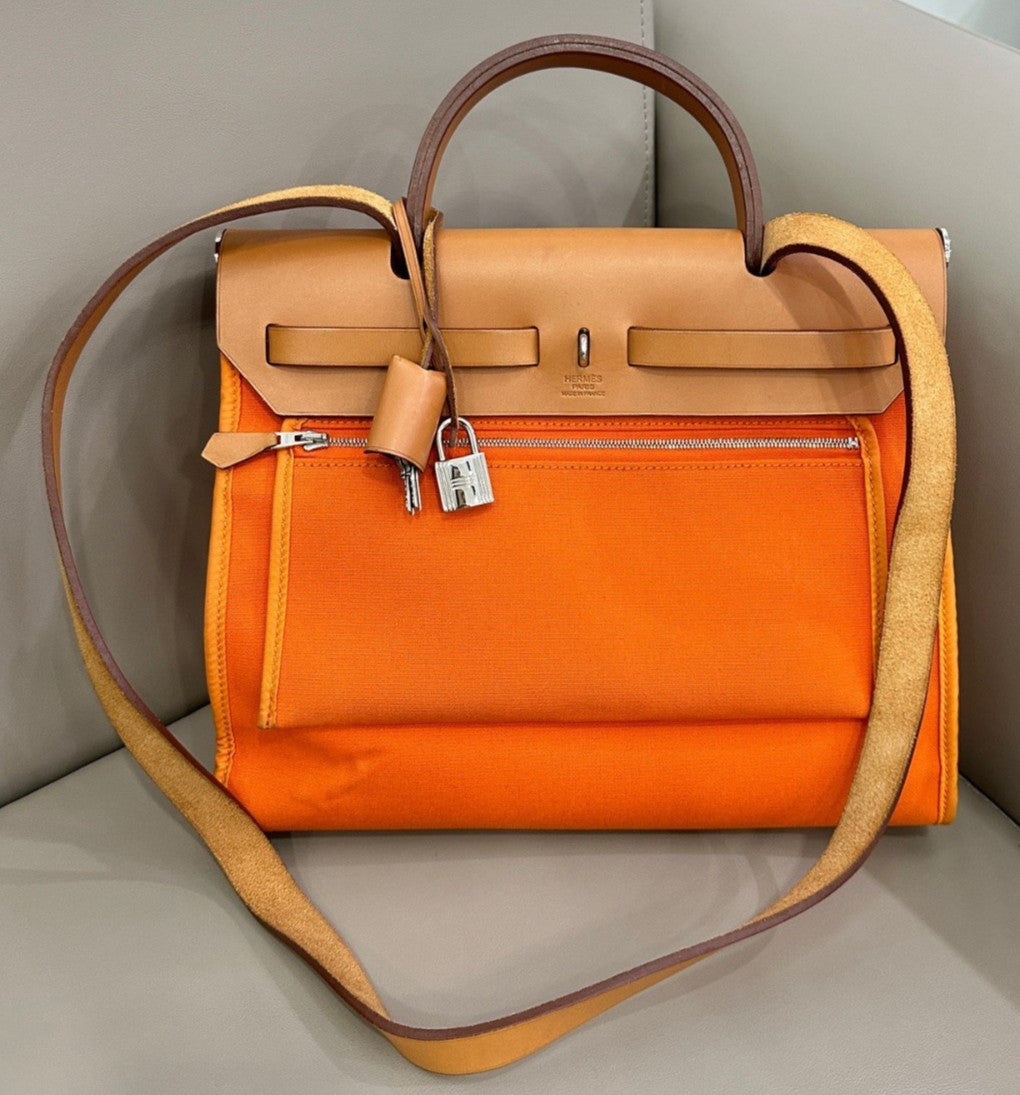 Hermes Herbag31 Top Handle Canvas 2way Shoulder Handbag Orange Silver