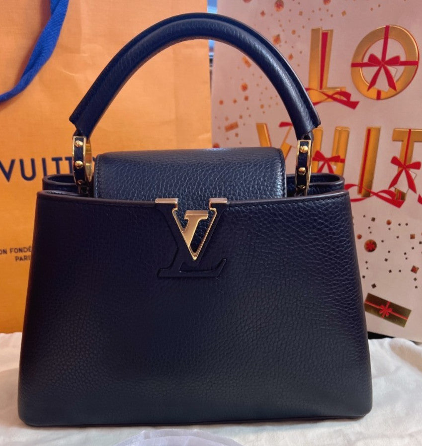 Louis Vuitton Capucines BB Calfskin Top Handle Bag Crossbody Black Gold Women