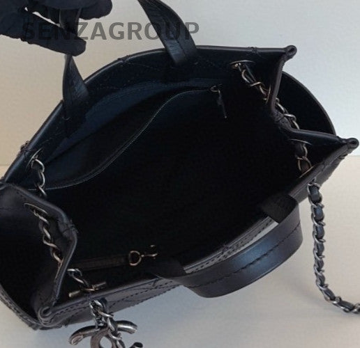 Chanel Diamond PM Tote Calfskin Top Handle Bag Chain Shoulder Bag Black Women