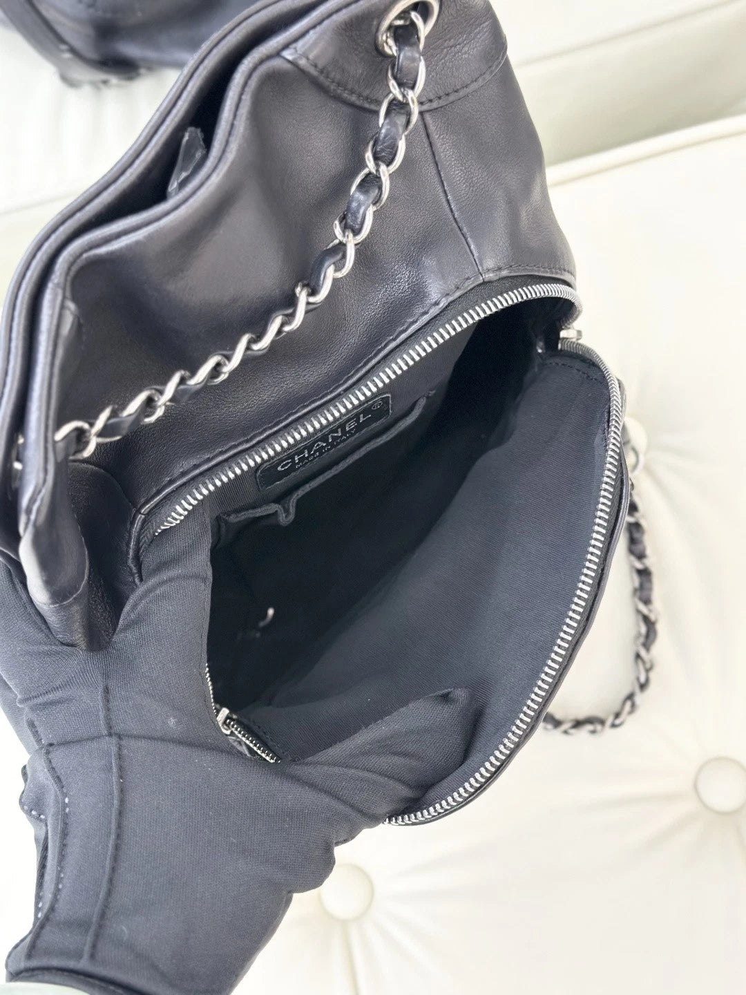 Chanel Backpack Calfskin Chain Black Silver Hardware Women Fashion S