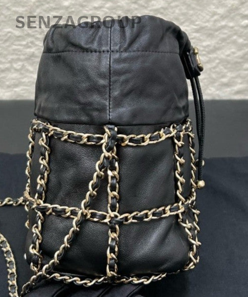 Chanel 21C Lambskin Chain Shoulder Bag Crossbody Black Gold Women Classic