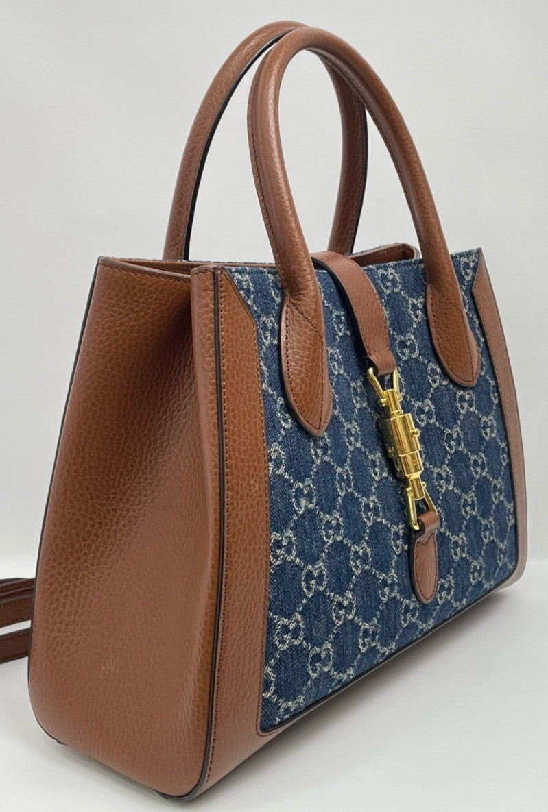Gucci Jackie 1961 Denim Tote Top Handle Shoulder Crossbody Bag Blue Women