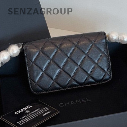Chanel WOC Diamond Pearl Chain Crossbody Black Gold Women Designer Fashion
