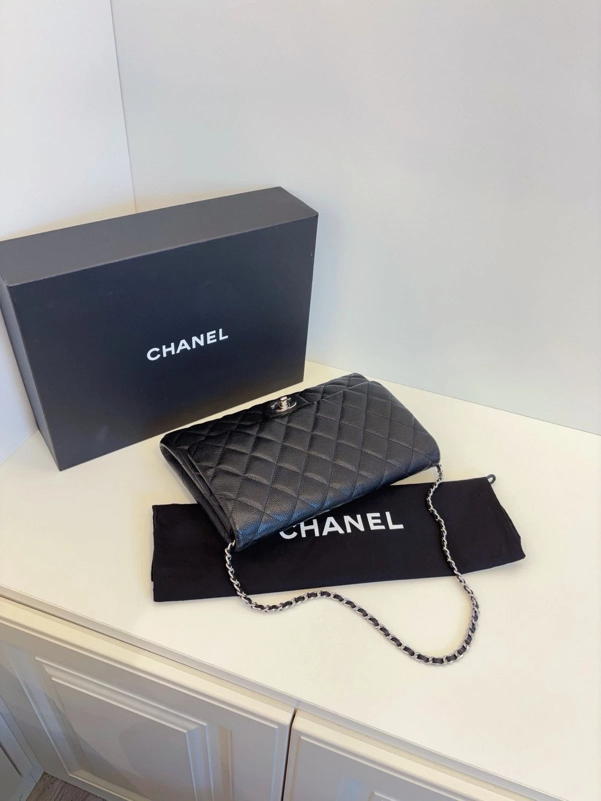 Chanel Classic Flap Shoulder Bag Women's Crossbody Black Caviar Silver Turnlock