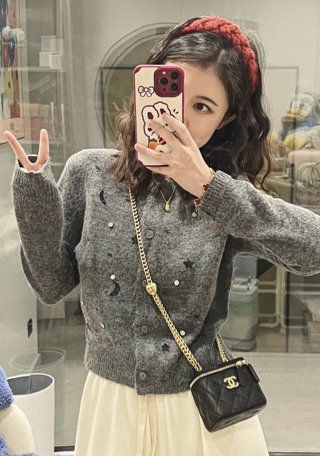 Chanel Black Leather Heart Button Mini Square Box Bag For Women