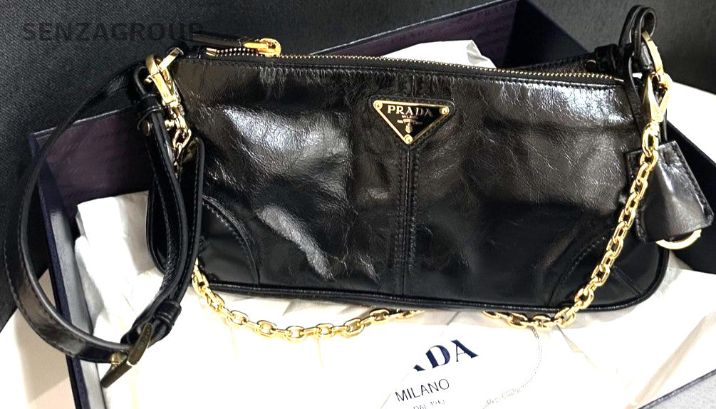 PRADA Triangular enamel metal Shoulder Handbag Black Gold Oil waxed leather