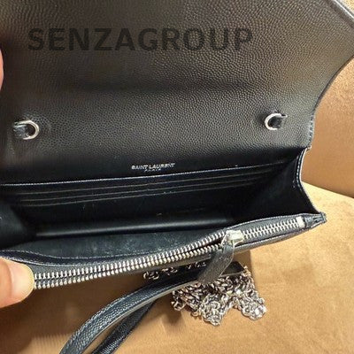 Saint Laurent Cassandre Leather Chain Shoulder Bag Black Silver Classic