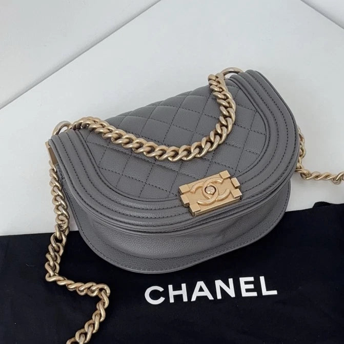 Chip Version Chanel Leboy Calfskin Gray Saddle Gold Chain Shoulder Crossbody