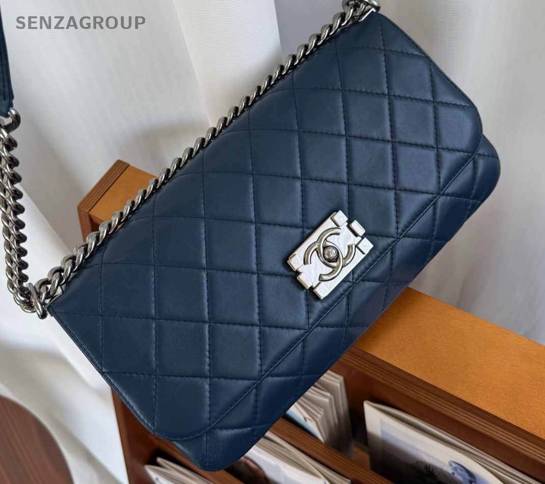 CHANEL Leboy Calfskin Chain Shoulder bag Crossbody Women Blue Silver