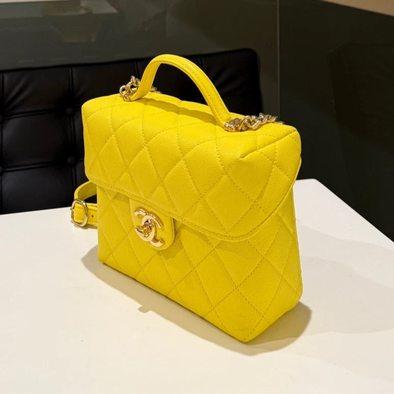 CHANEL Lemon Yellow Box Top Handle Crossbody Bag Diamond Women Classic