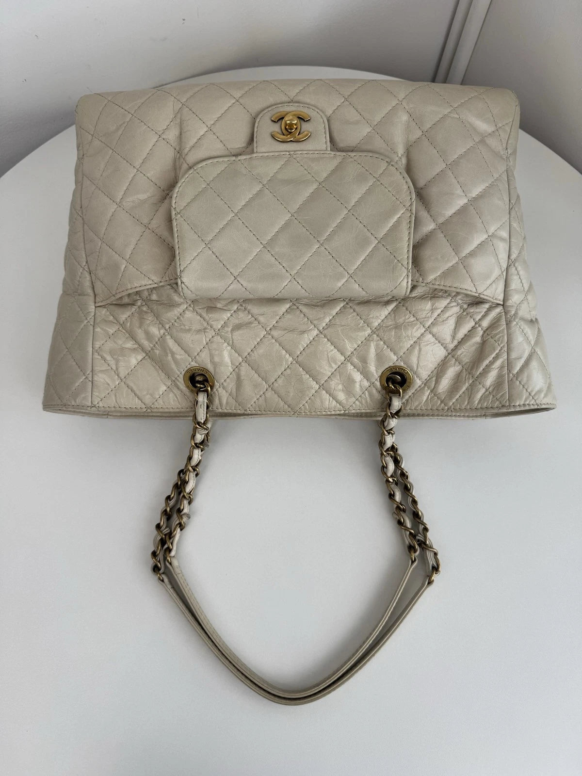 Chanel Tote Beige Chain Shoulder Bag Gold Hardware Women Fashion
