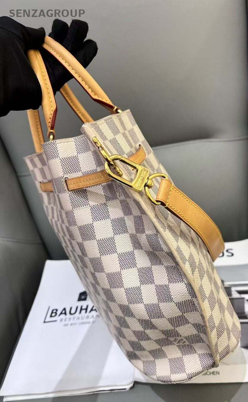 Louis Vuitton Girolata White Damier Azur Drawstring Bucket Top Handle Bag Brown