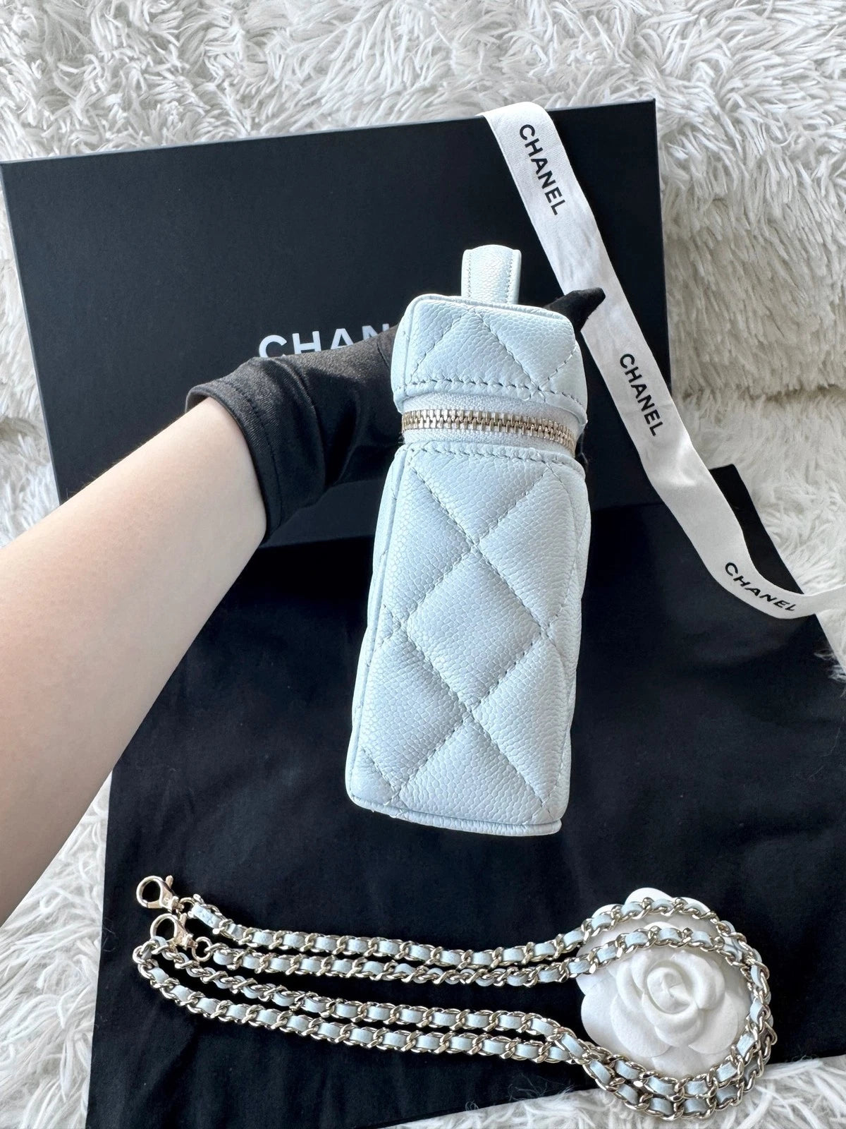 Chanel Baby Blue Leather Vanity Box Bag Gold Chain For Women