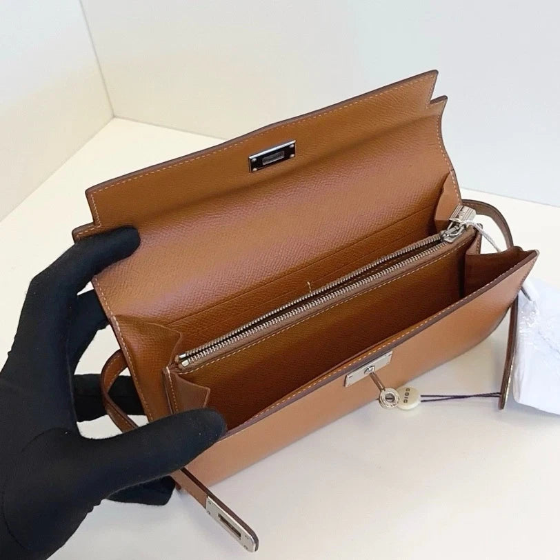 Authentic Hermes Kelly Long Wallet Epsom Shoulder Crossbody Bag Brown SHD