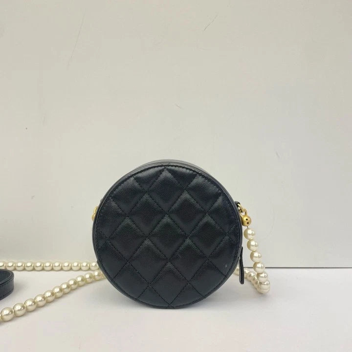 CHANEL Quilted Leather Round Pearl Chain Crossbody Bag For Women
