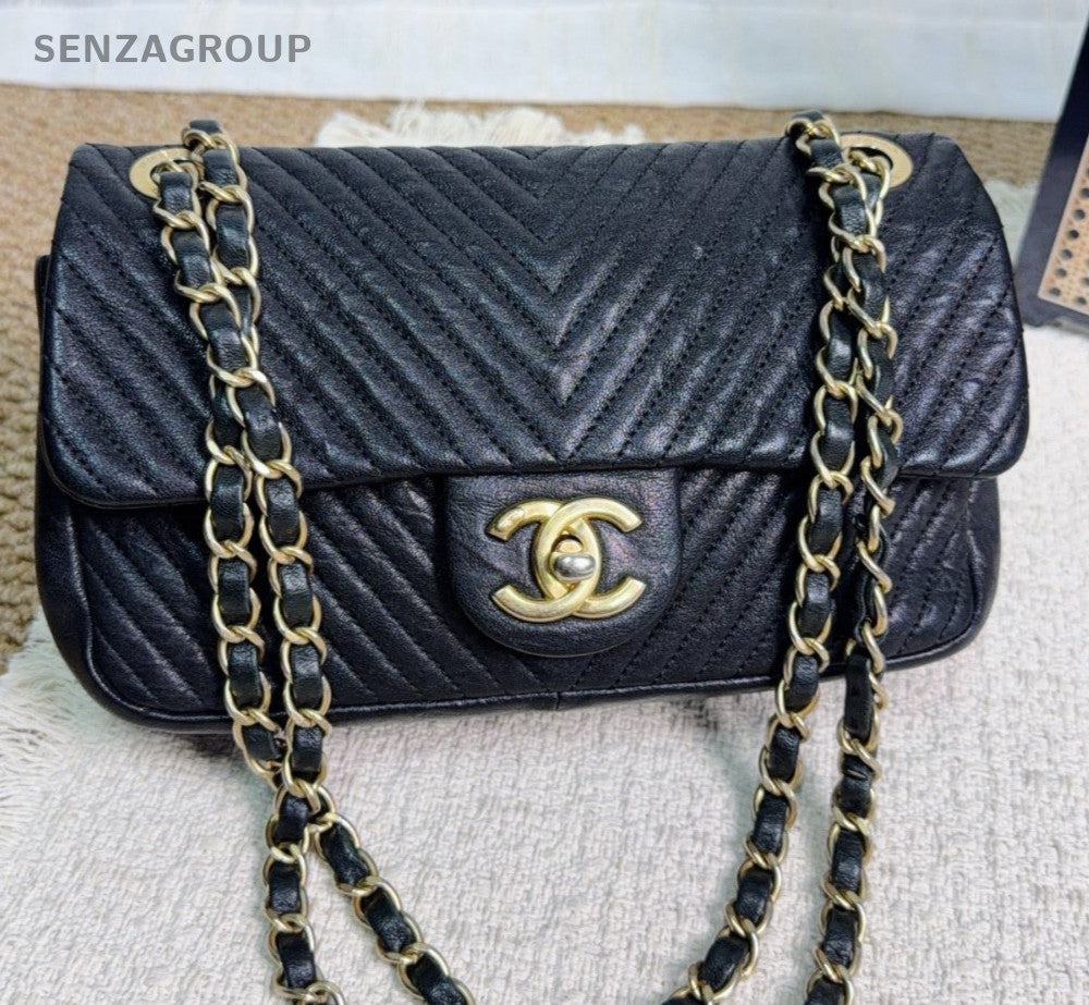 Chanel Classic Flap PM Chain Shoulder Bag Crossbody Chevron Black Gold Women