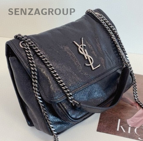 Saint Laurent Niki PM Calfskin Chain Shoulder Bag Black Silver Women Classic
