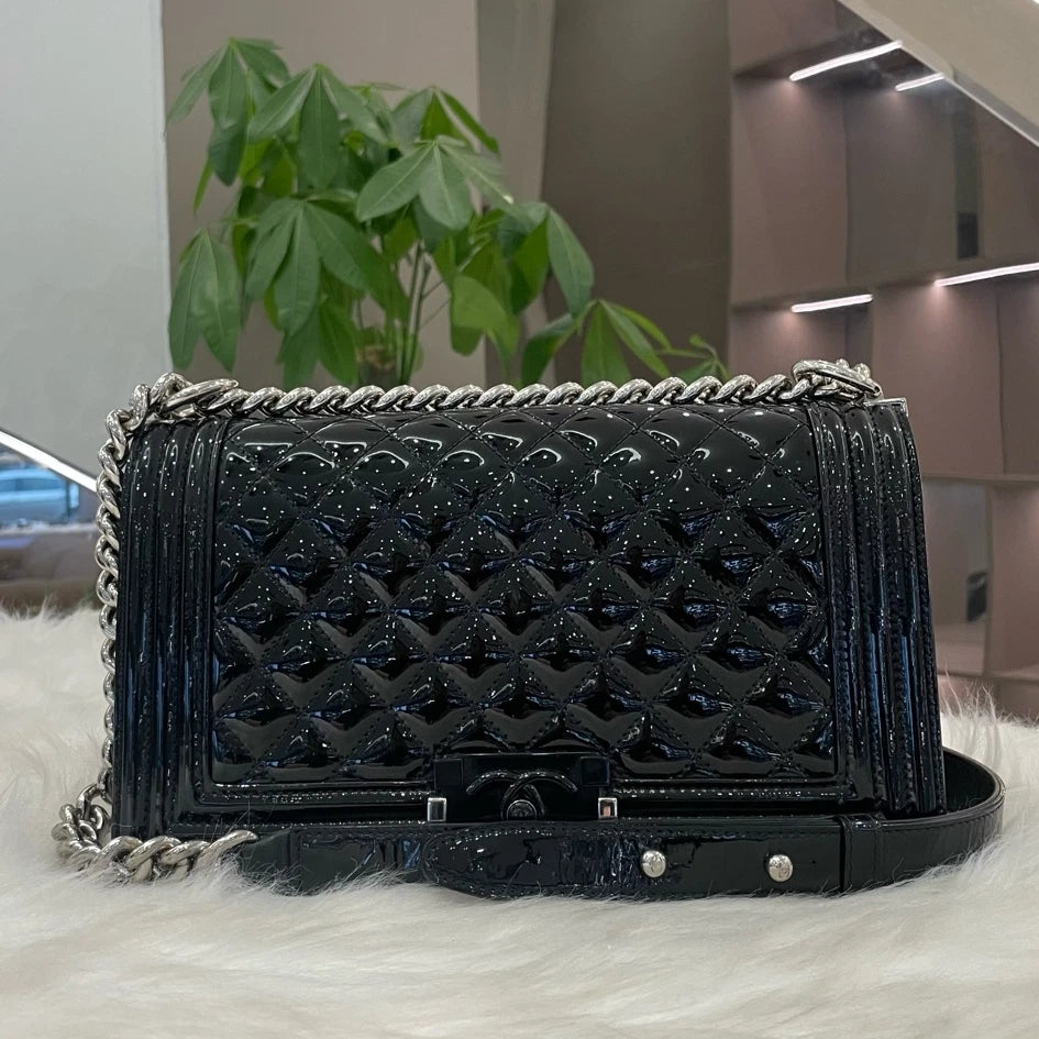 Chanel Le Boy Medium Black Silver Chain Shoulder Bag Quilted