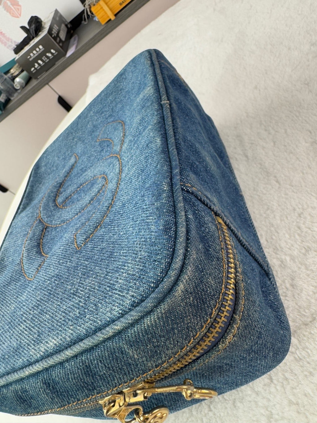 CHANEL Top Handle Make up case Denim Handbag Blue