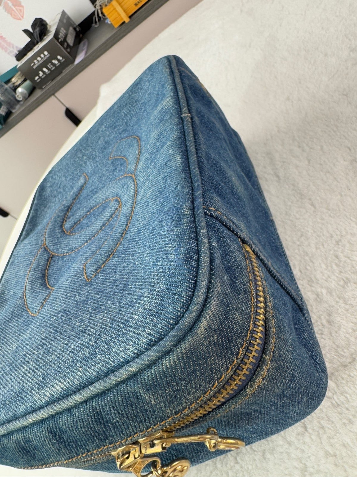 CHANEL Top Handle Make up case Denim Handbag Blue