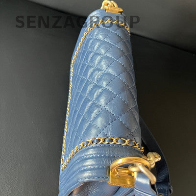 Chanel Le Boy MM Blue Gold Quilted Chain Shoulder Bag - Classic & Stylish