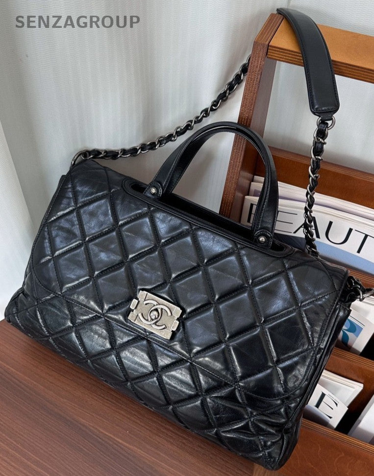 CHANEL Briefcase Top Handle Oil waxed leather Chain Shoulder Handbag Women Black