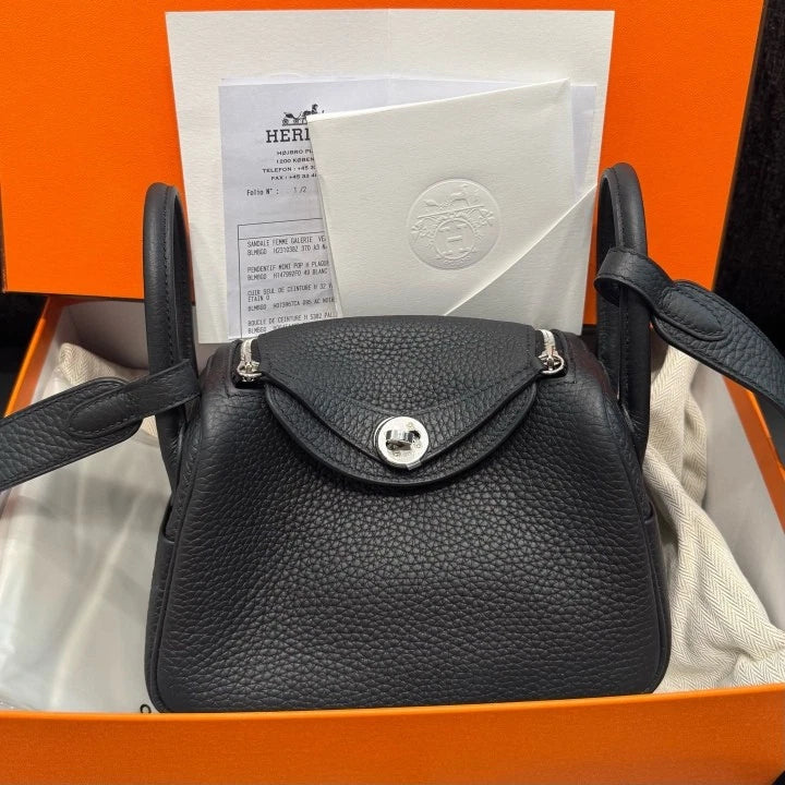 Hermes Lindy Mini Top Handle Shoulder Bag Black Silver Hardware Women D