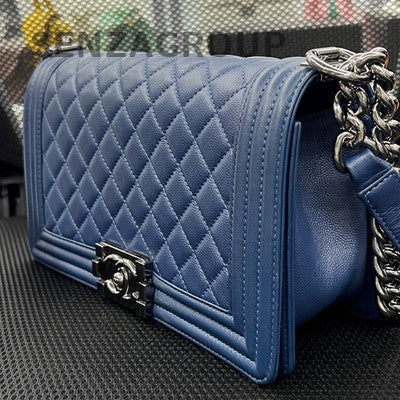 Chanel Le Boy Medium Blue Silver Calfskin Chain Shoulder Bag Classic